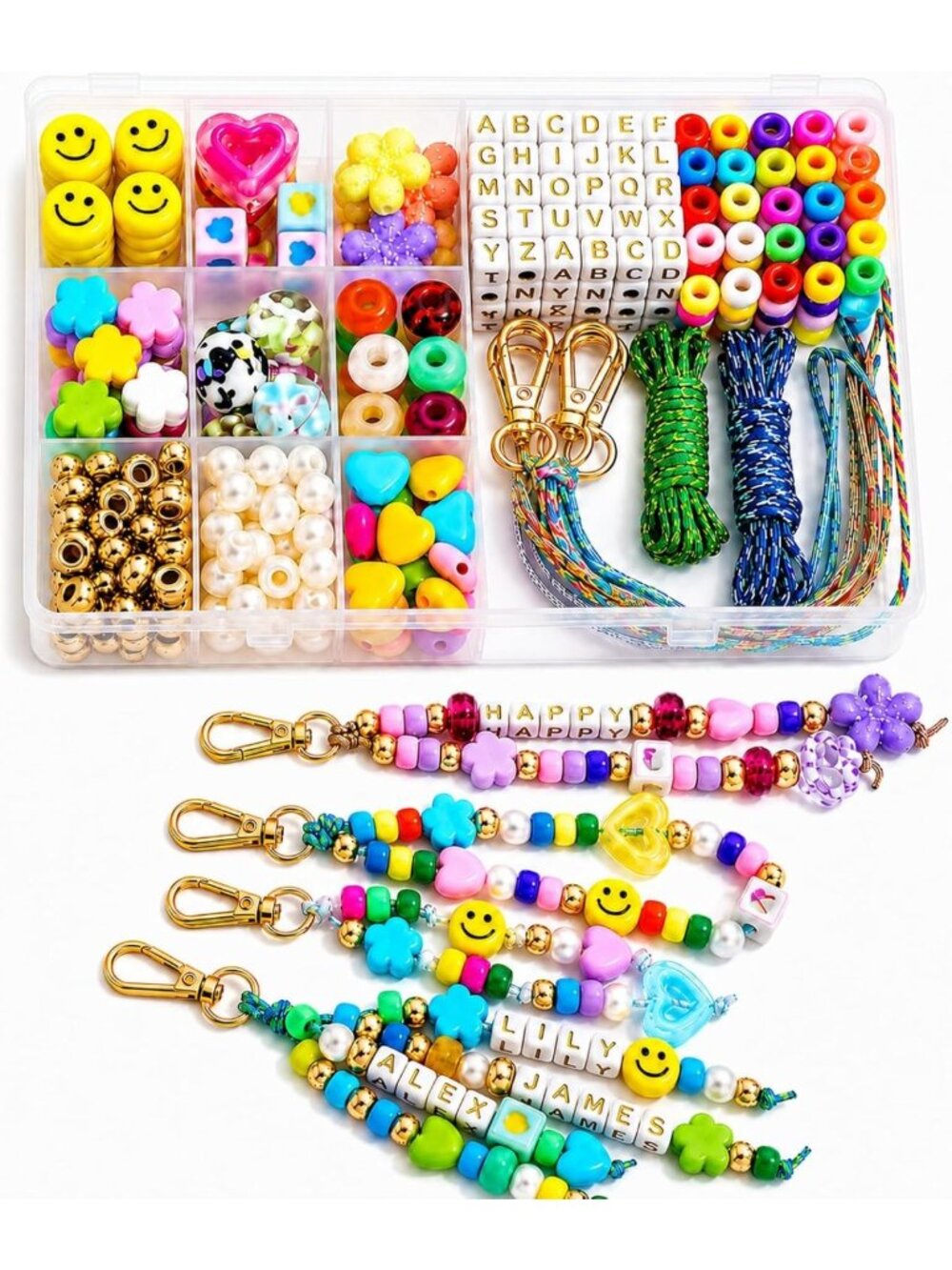DIY Bead Keychain Making Kit - 421PCS Acrylic Heart, Star, Flower Beads & Charms
